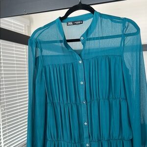 Never worn! Zara Turquoise Sheer Button-Up Dress